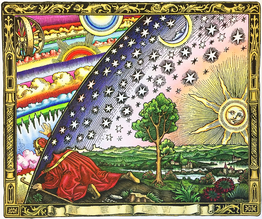 A version of the Flammarion engraving completed with coloured pencil.