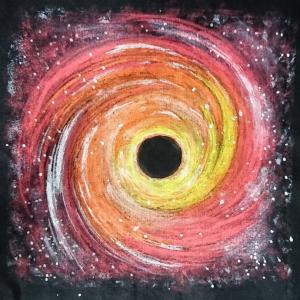 A black hole surrounded by high energy particles in a spiral shape