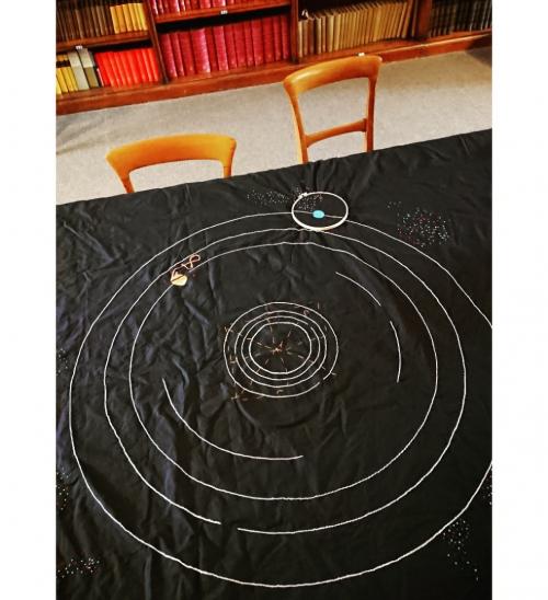 Orbital paths of the planets in our solar system embroidered onto black cloth.