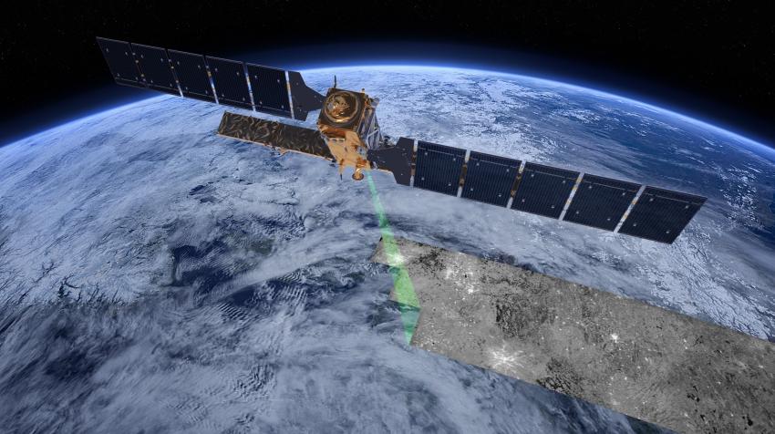 Digital rendering of the Sentinel-1 satellite in orbit, projecting a radar beam onto the Earth.