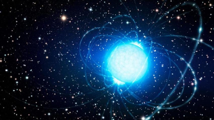 Artist's depiction of a blue neutron star surrounded by plasma tracing magnetic field lines