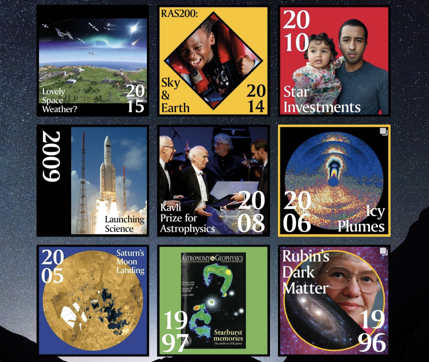 Nine colourful tiles with titles and images of RAS history from 2015 to 1996 set out in a square shape on a starry night background.