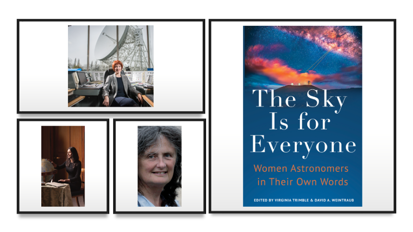 Three female astronomers and the cover of the book, "The Sky is for Everyone"
