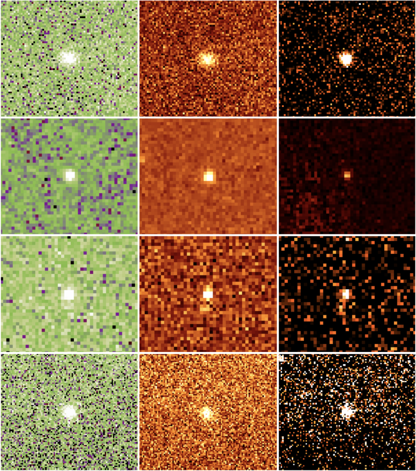 a composite image of 12 different square panels, each showing a Neptunian asteroid as a fuzzy blob in the centre of each panel. 