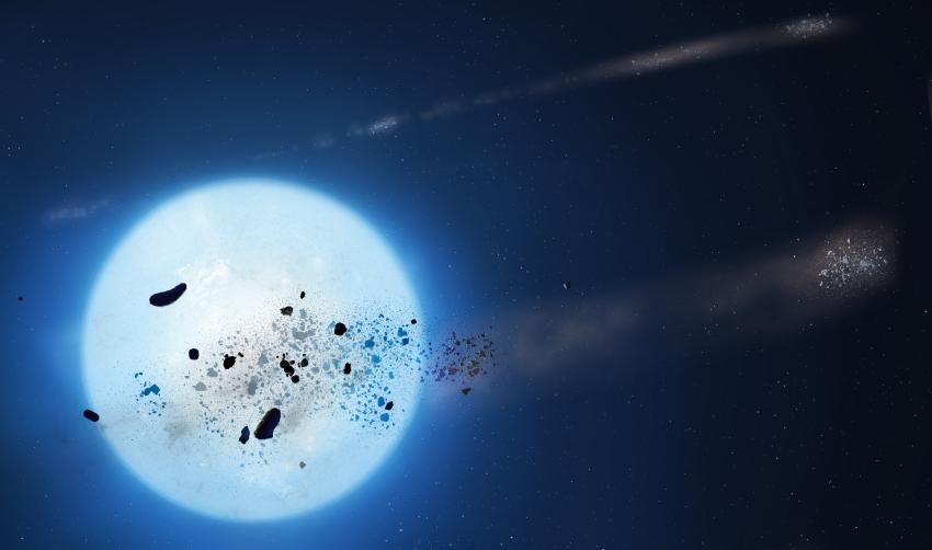 Artwork showing debris around a white dwarf star.