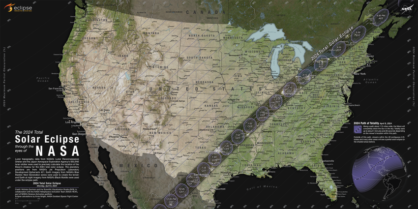 This NASA map shows the path of totality for the total solar eclipse in April 2024.