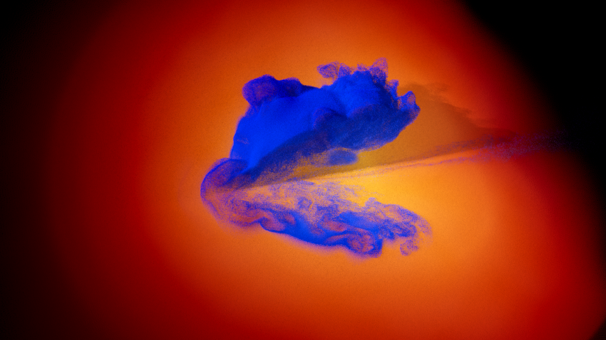 This image from the simulations shows how the collision of the impactor with Jupiter's core produces striking patterns of fluid instabilities as materials mix.