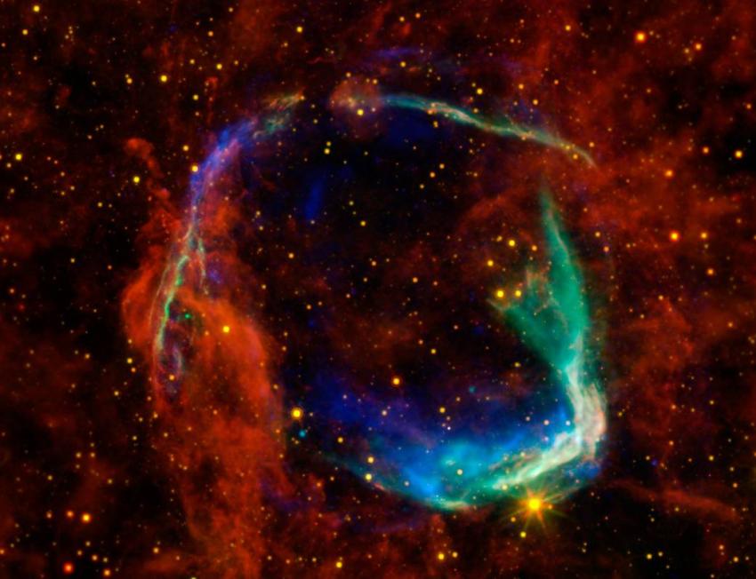 This image combines data from four space telescopes to create a multi-wavelength view of all that remains of RCW 86, the oldest documented example of a supernova.