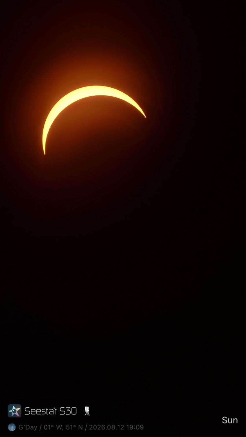 An image of the partial solar eclipse from Wroughton, Wiltshire, with a ZWO Seestar S30.
