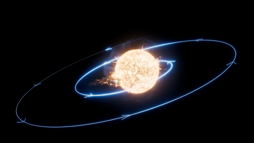 An artist’s impression of a star engulfing a planet. The blue line traces the path of the planet as it spirals toward the star and ultimately collides with it.