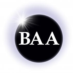 An illustration of a total eclipse with the letters BAA inside it. BAA is the British Astronomical Association. 