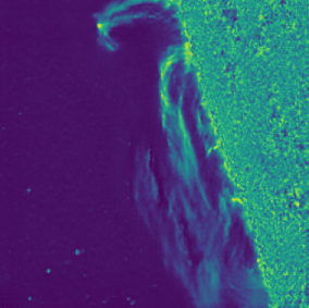 Image of the Sun appearing in a blue and green colour scheme. Solar prominences are visible.