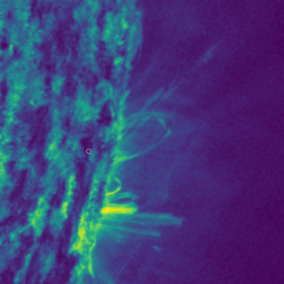 Image of the Sun appearing in a blue and green colour scheme. Solar prominences are visible.