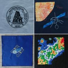 Four fabric squares with astronomical and geophysical themes.