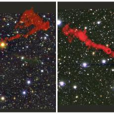 Image of two radio galaxies overlaid on an optical image of the sky. 