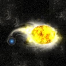 Artist's impression of a small blue star accreting material from its much larger yellow binary companion