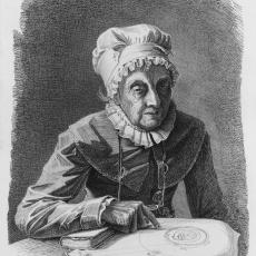 A portrait of Caroline Herschel with an illustration of planets in the solar system
