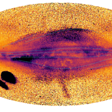 A vivid yellow, orange, pink and purple map of the Milkyway with dark black splotches seen top the left centre and far right of image.