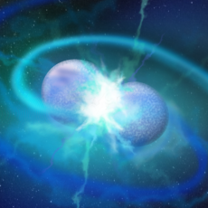 Two white-blue coloured spheres are shown merging in space, with tendrils of plasma coming from their merging point. Blue circular lines are seen extending outward from the point where the spheres meet.