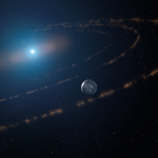 An illustration of a blue-white hued star in space surrounded by rings of orange and brown coloured planetary material. A small planet, blue in colour, lies just off the centre of the image.