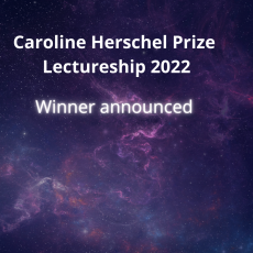 The RAS logo and text reading "Caroline Herschel Prize Lectureship 2022 winner announced"