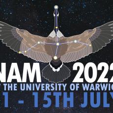 The NAM 2022 logo overlaid on an image of the Milky Way. Text reads "NAM 2022 at the University of Warwick. 11th - 15th July."