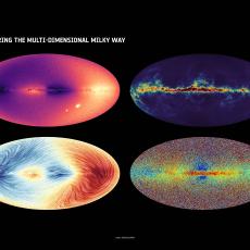 4 different sky maps overlaid on a black background with the ESA, DPAC and Gaia logos in the top right, top left and bottom right corners respectively.