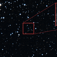 Image of a star field with a red square in the centre highlighting a small group of stars.