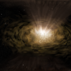 An artist's impression of an AGN obscured by dust - it appears as a gold and yellow source of light obscured by dust and cloud.