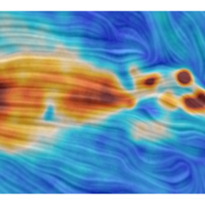 A bright multicoloured array of swirls. The core of the Milky Way is depicted by the darkest red blobs and swirls, with orange eddies and flows visible around the darker areas. The rest of the image is varying shades of blue and green.