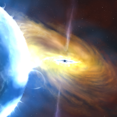 An artist's impression of a black hole accretion shows a large yellow disc shaped formation with a small black circle at the centre. The disc appears to be sucking in blue light that emanates from a blue sphere in the bottom left corner of the image.