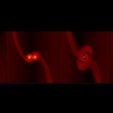 Four panels showing the stages of gravitational interactions between two black holes.