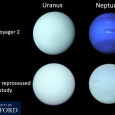 Early images of Uranus and Neptune compared to those reprocessed in a new study.