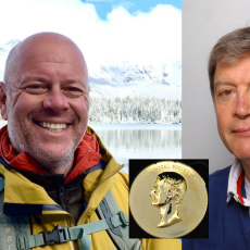 Professor John-Michael Kendall (left) and Professor Gilles Chabrier (right) have won the RAS Gold Medal (inset) for 2024.