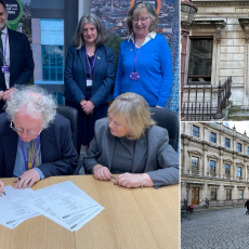 Professor Mike Edmunds, president of the Royal Astronomical Society, signs the lease agreement (left) for Burlington House (right).