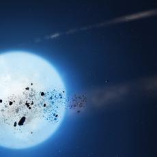 Artwork showing debris around a white dwarf star.