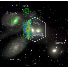 WEAVE data overlaid on a James Webb Space Telescope image of Stephan's Quintet, with green contours showing radio data from LOFAR. 