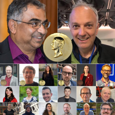 The Royal Astronomical Society's 2026 award winners include Professor Shrinivas Kulkarni (top left), of California Institute of Technology, and Professor Andrew Jackson, of ETH Zürich (top right), who have each been awarded the Society's Gold Medal (inset top). Other winners include, from left by row, Jackson-Gwilt Medal winner Professor Alistair Glasse, Eddington Medal winner Professor Debora Šijački, Chapman Medal winner Professor Mathew Owens, Herschel Medal winner Professor Andrew Bunker, Agnes Mary Cle