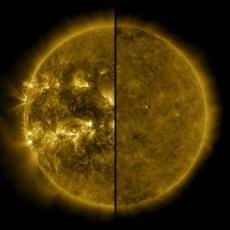 A split image showing an active Sun during solar maximum (on the left, taken in 2014) and a quiet Sun during solar minimum (on the right, taken in 2019).
