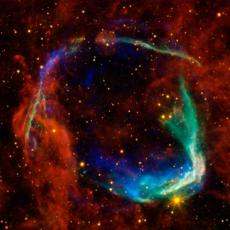 This image combines data from four space telescopes to create a multi-wavelength view of all that remains of RCW 86, the oldest documented example of a supernova.