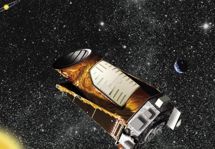 An artist's concept of the Kepler Space Telescope in space. The telescope is roughly cylindrical in shape, made of rust and silver coloured materials. Many stars can be seen in the background, as well as the Sun and Earth-Moon system.