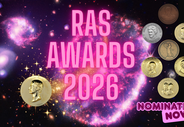 Graphic promoting the RAS Awards 2026 with the Society's medals in front of a background image of the Cartwheel galaxy from JWST and NASA’s Chandra X-ray Observatory.