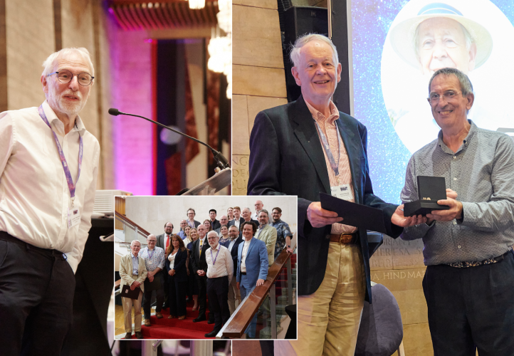 Professor James Binney, of Oxford University (right with RAS president Professor Mike Lockwood), and University College London's Professor Jonathan Tennyson (left), received the Society's Gold Medal at the 2025 RAS Awards ceremony during the National Astronomy Meeting in Durham. Inset is all the winners of the 2025 RAS Awards.