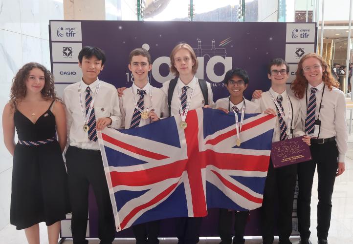 Members of the UK team for the 2025 astronomy Olympiad, including team leader Charlotte, an undergraduate at Brasenose College, Oxford, Puyuan, a Year 13 student at Eton College, Rory, a Year 13 student at Colchester Royal Grammar School, George B, a Year 13 student at Wallington County Grammar School, Yuvan, a Year 12 student at RGS Guildford, George D, a Year 13 student at the Stephen Perse Foundation, and team leader Ben, an undergraduate at Merton College, Oxford.