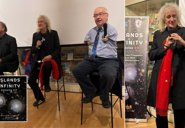 Sir Brian May (right) is joined by RAS Council member Professor Derek Ward-Thompson and J-P Metsavainio for the launch of their new book Islands in Infinity: Galaxies 3-D.