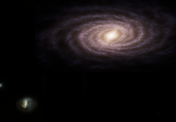 An artist’s impression of the Milky Way, with two of its satellite galaxies – the Large Magellanic Cloud and the Small Magellanic Cloud – in the bottom left.
