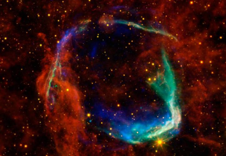 This image combines data from four space telescopes to create a multi-wavelength view of all that remains of RCW 86, the oldest documented example of a supernova.
