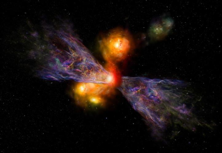 An artist’s impression of the galaxy CRISTAL-02, with a huge plume of cold gas extending away from it. This plume is almost as long as the galaxy itself, which is a telltale sign that gas is being driven out of the galaxy.