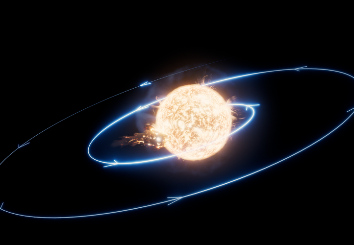 An artist’s impression of a star engulfing a planet. The blue line traces the path of the planet as it spirals toward the star and ultimately collides with it.