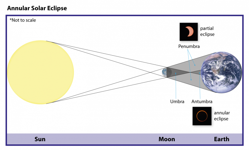 A diagram of an annular eclipse with the Sun, Moon and Earth